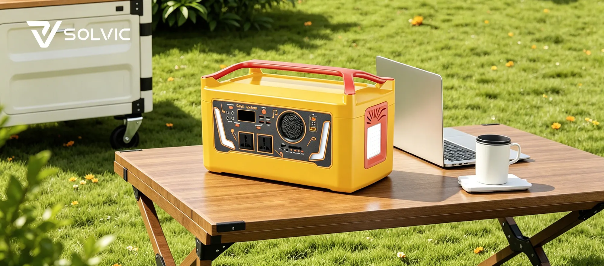 Bluetooth speaker 800W-1200W portable power station outdoor banner – outdoor movie and party scene with projector, speakers, and multiple devices charging, high-power 2-in-1 entertainment hub for camping and group activities